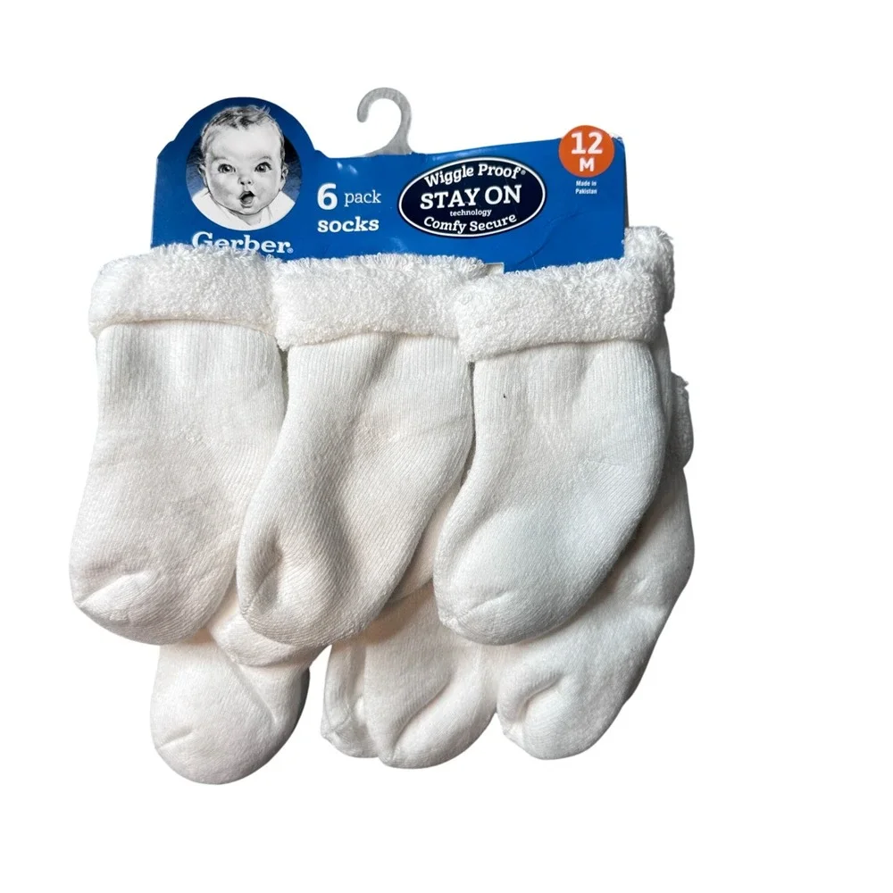 Gerber Socks Unisex 12M White Wiggle Proof Stay On 6-Pack‎ Comfy Secure Cotton